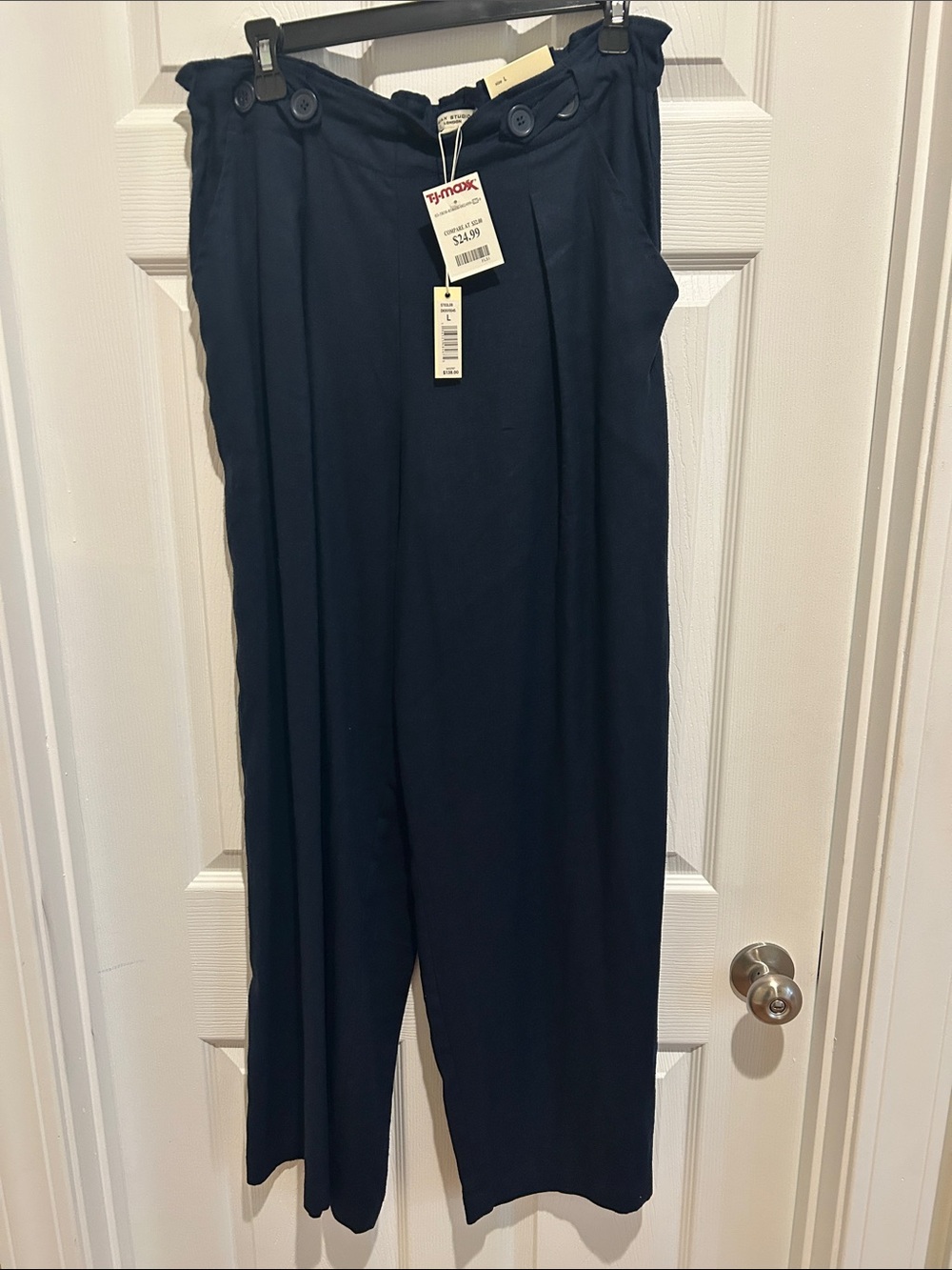 Max Studio Navy Wide-Leg Paperbag Waist Pants with Button Detail
